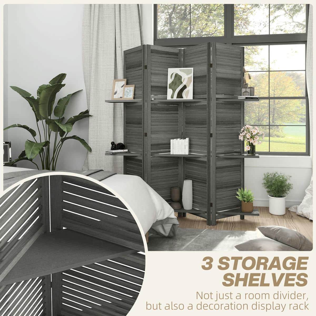Spaco 4 Panel 67" Tall Wood Privacy Screen, Room Divider with 3 Shelves and Folding Storage for Indoor as Living Room, Bedroom, Gray