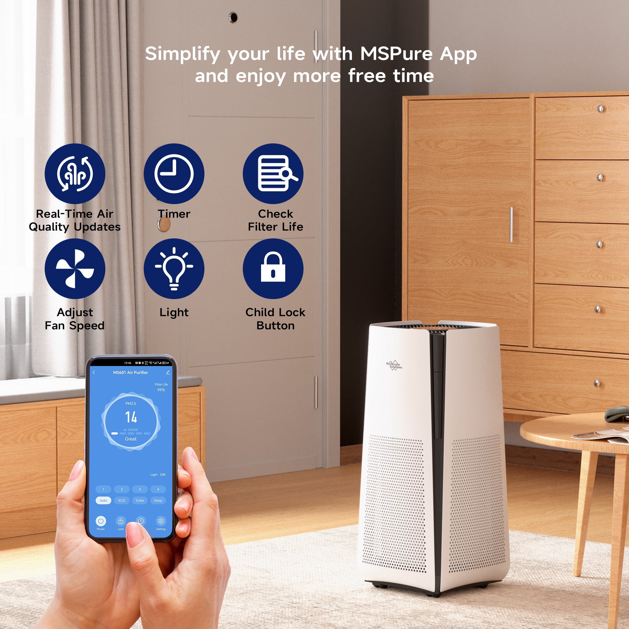 Membrane Solutions MS601W Smart Air Purifier with True HEPA Filter for Large Room up to 3027 sq ft