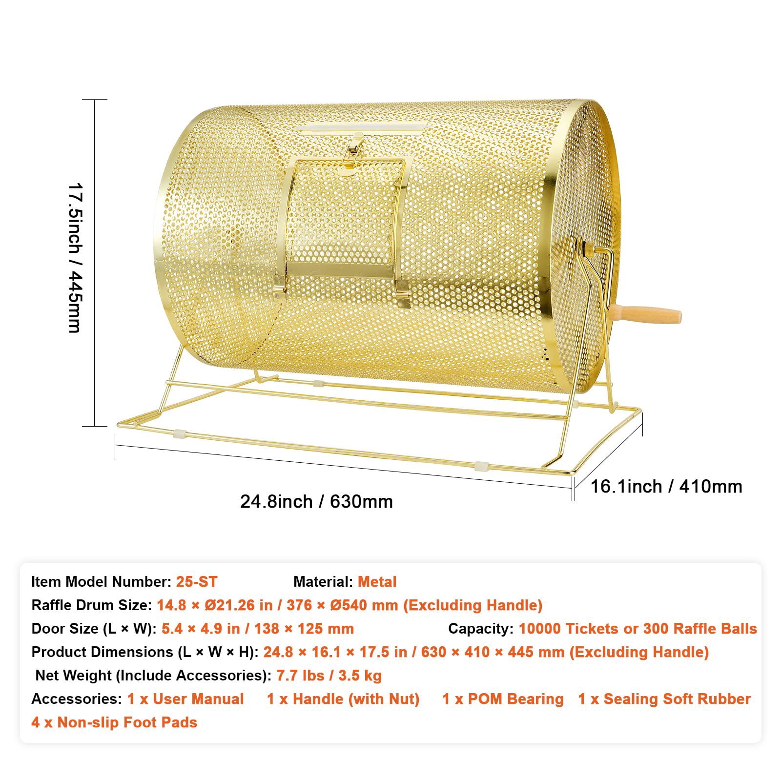Raffle Drum, Holds 10000 Tickets or 300 Ping Pong Balls, Metal Lottery Spinning Drawing with Wooden Turning Handle, 14.8 x Ø21.26 inch Brass Plated Raffle Ticket Spinning Cage, for Bingo Ballot