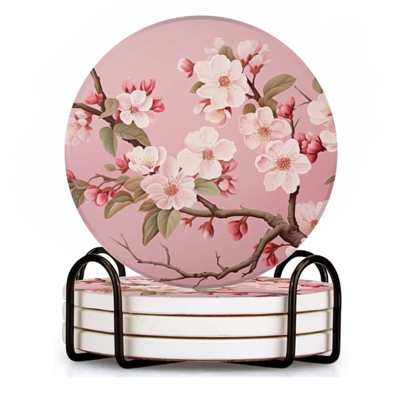 BaHomeck Drink Coasters Set of 4 with Holder white Cherry flowers and green leaves on branches Water Absorbent Ceramic Coasters Tabletop Protection,Suitable for Various Cup ,Home Decor