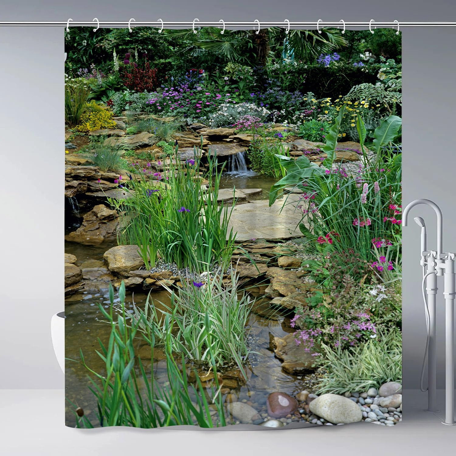 Garden Landscape Shower Curtain Colorful Floral Spring Summer Nature Plants Scenery Country Flower Rustic Bathroom Decor Set Polyester Fabric Curtains with Hooks 70Wx70H Inch