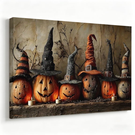 Vintage Halloween Pumpkin Jack-O-Lantern Canvas Wall Art - Haunted Witch Hat Oil Painting Print - Matte Finish Gallery Wrapped Spooky Autumn Decor Ready to Hang 8*12