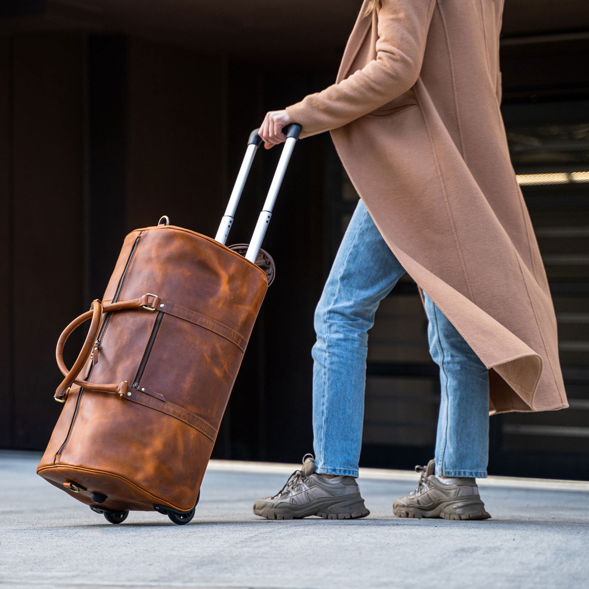Leather Duffel Bag with Trolley Sleeve, Travel Gym Sports Overnight Cabin Holdall