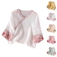 thumbnail image 1 of T-shirts en Coton et Lin pour Femmes Mode Été 2026 Manches Courtes Col en V Broderie Rétro, 1 of 3