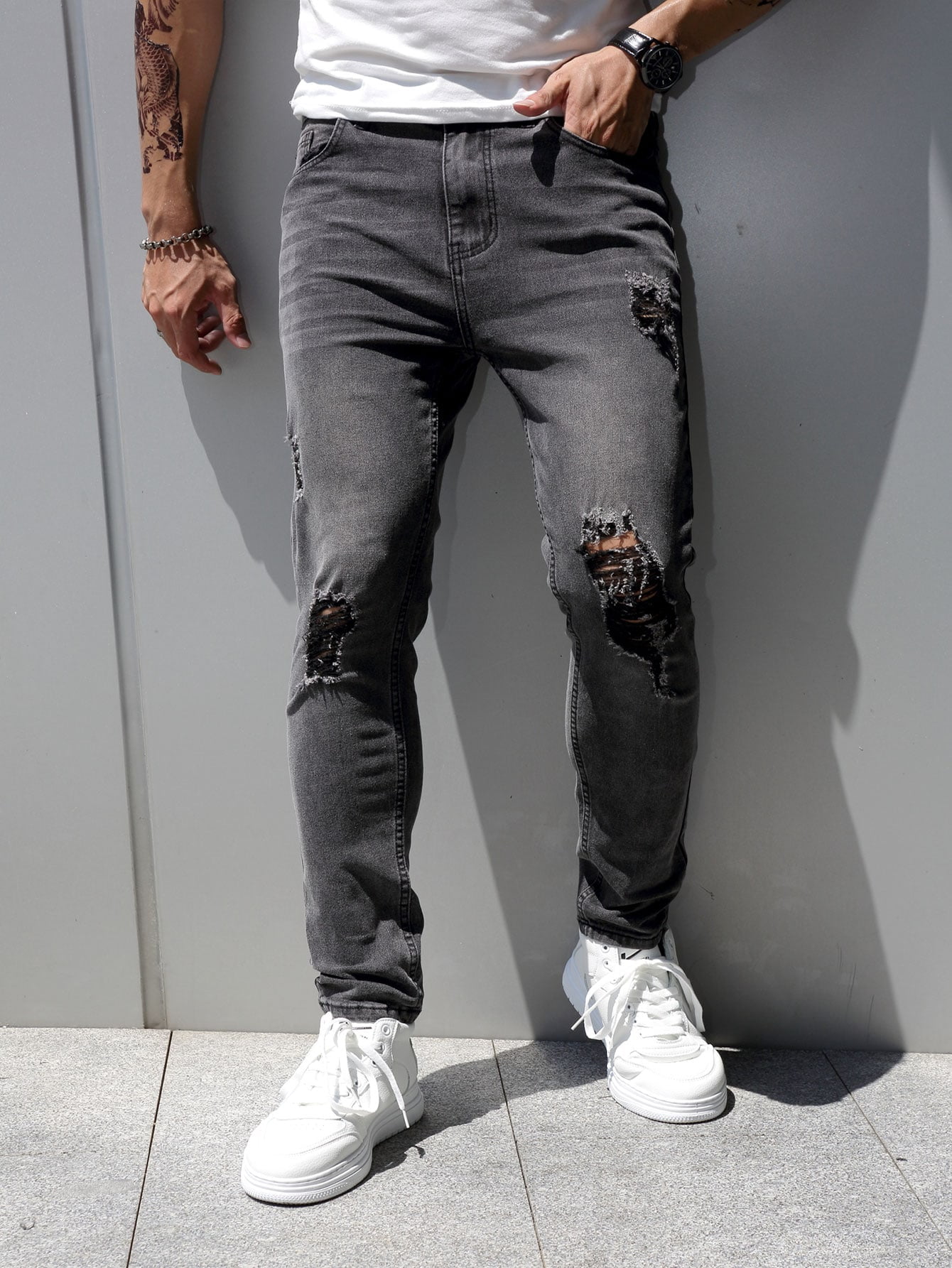 Men Ripped Frayed Bleach Wash Skinny 