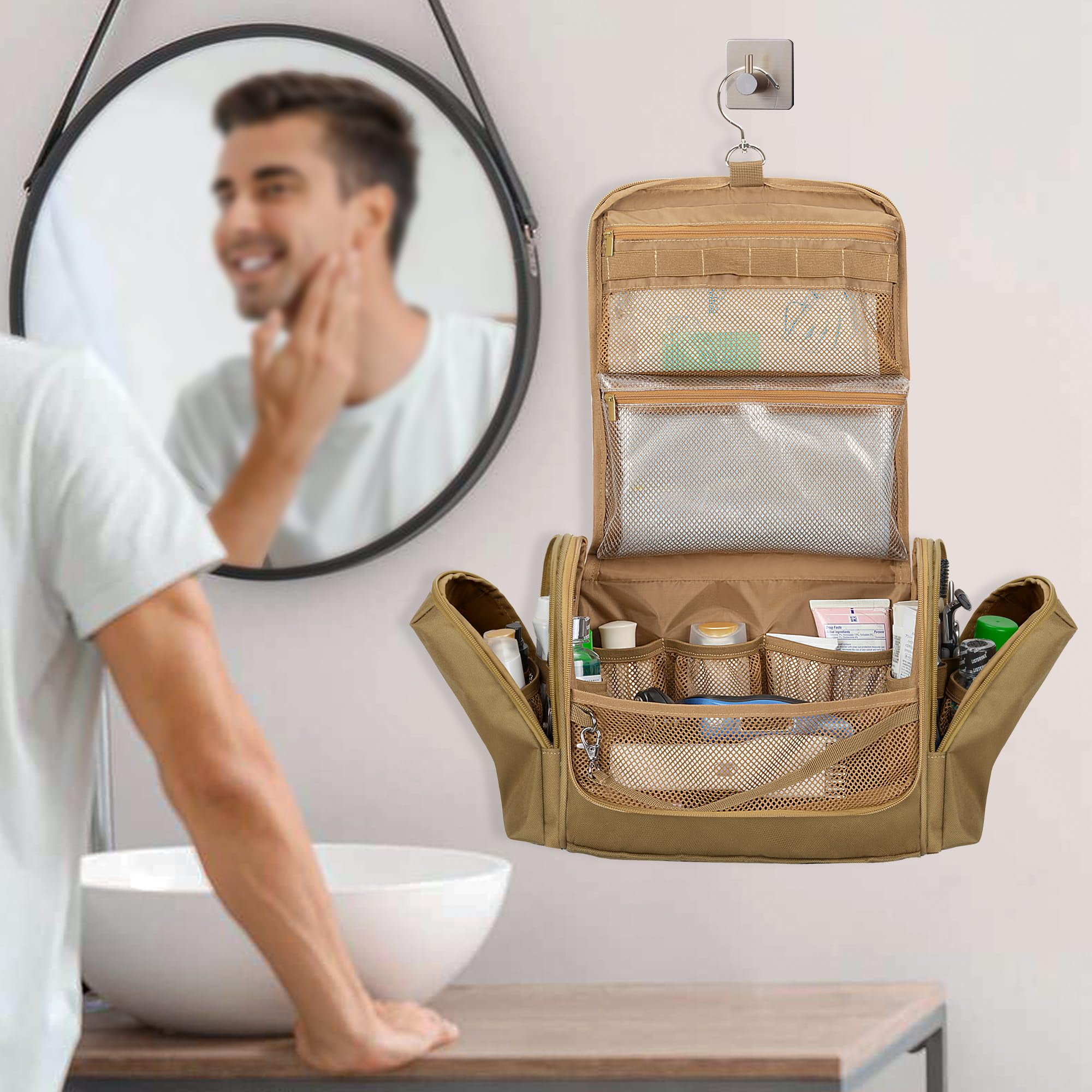 Toiletry Travel Bag For Men  Hanging Dopp Kit Hygiene Shower Organizer With Hook Toiletries And Shaving Care Khaki (empty Bag)