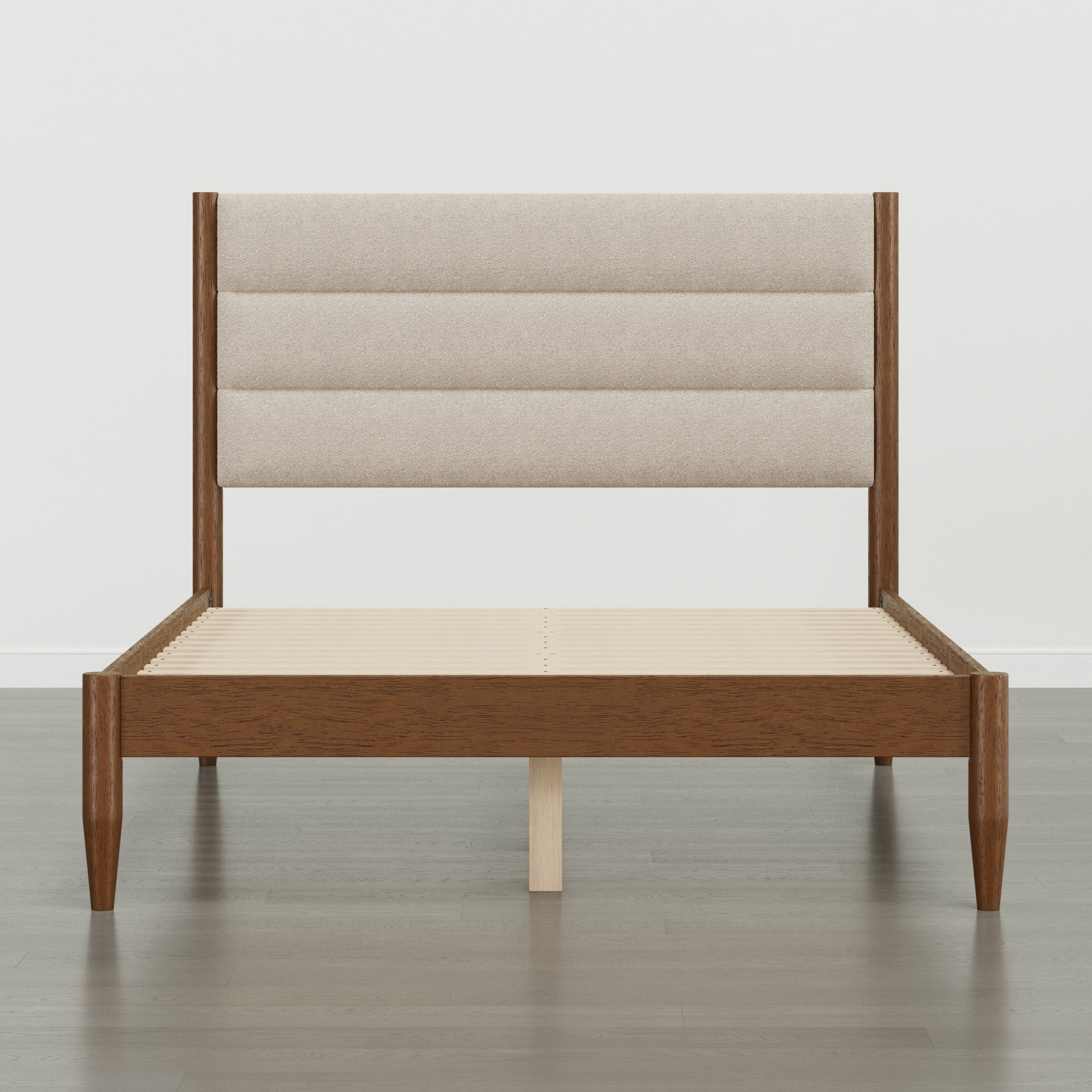 Spruce & Spring Farmhouse Full Upholstered Bed Frame, Solid Rubberwood Frame, Oatmeal Boucle Headboard, Noise-Free, No Box Spring Required, Walnut & Oat