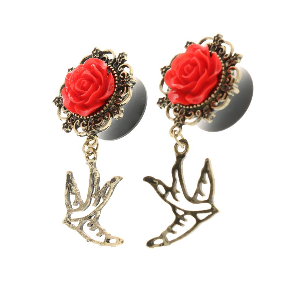 Hand Craved Organic Wood Flower Rose Ear Plugs Expanders Sretchers Earrings 