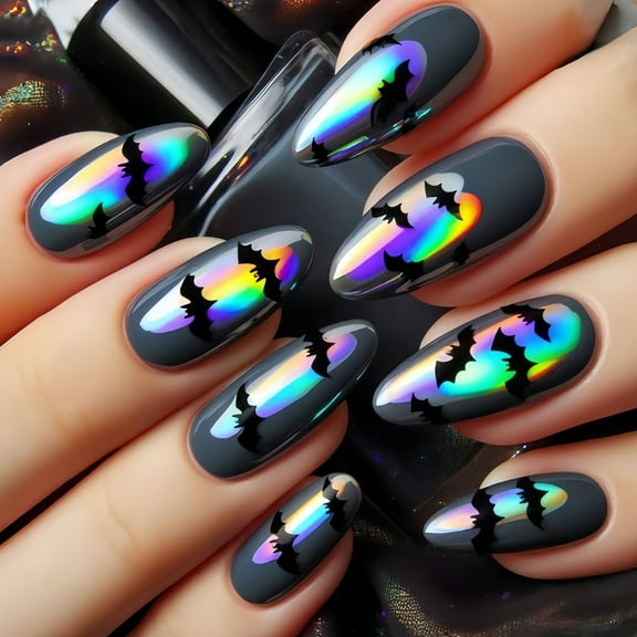 ABS Halloween False Nails 24Pieces Bat Pumpkin Art Almond Fake Nails For Women Party Wear Light Durability