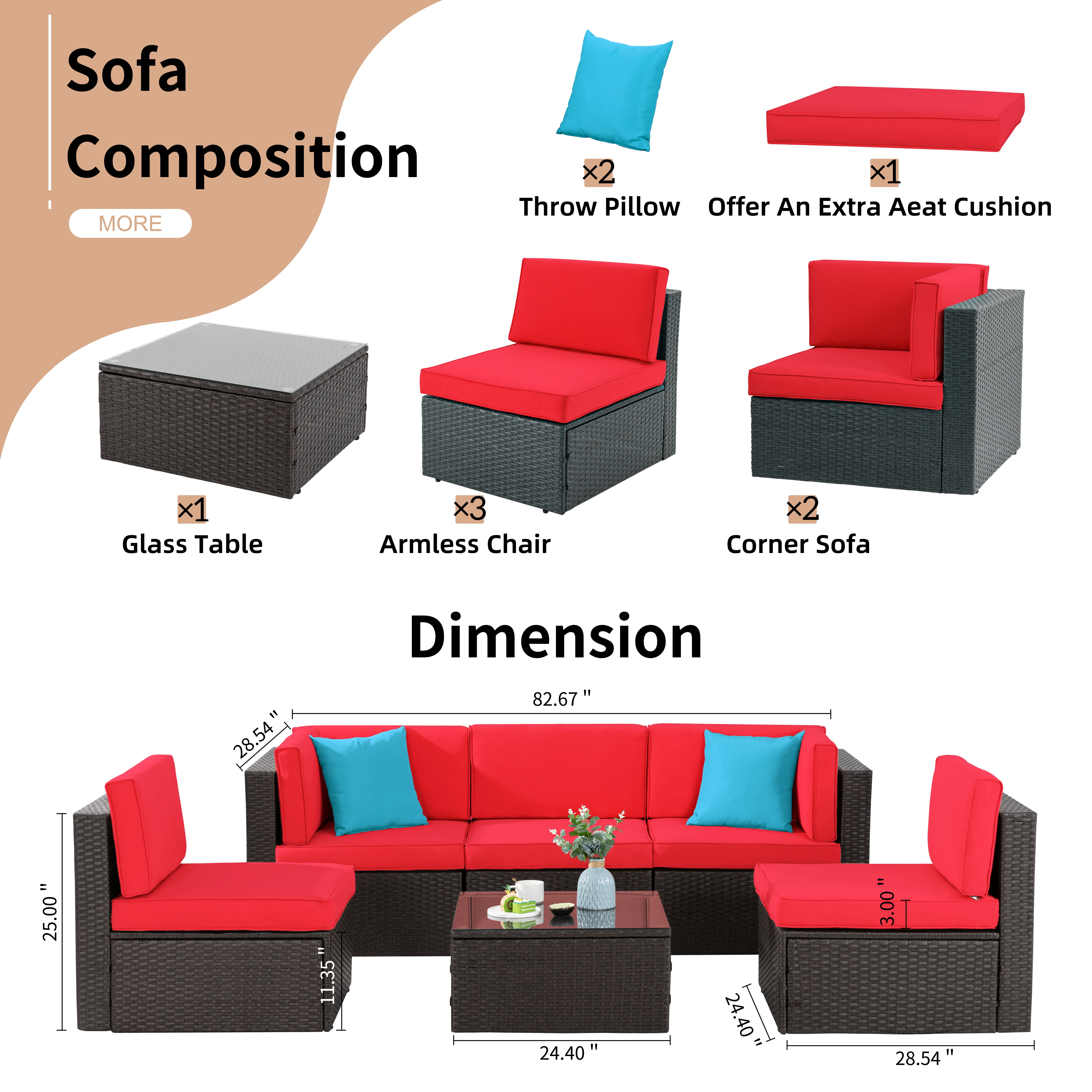 Patio Furniture Set, Walsunny 6 Piece All Weather Outdoor Sectional Sofa, Wicker Patio Conversation Set with Cushions and Tempered Glass Table for Backyard Porch, Red