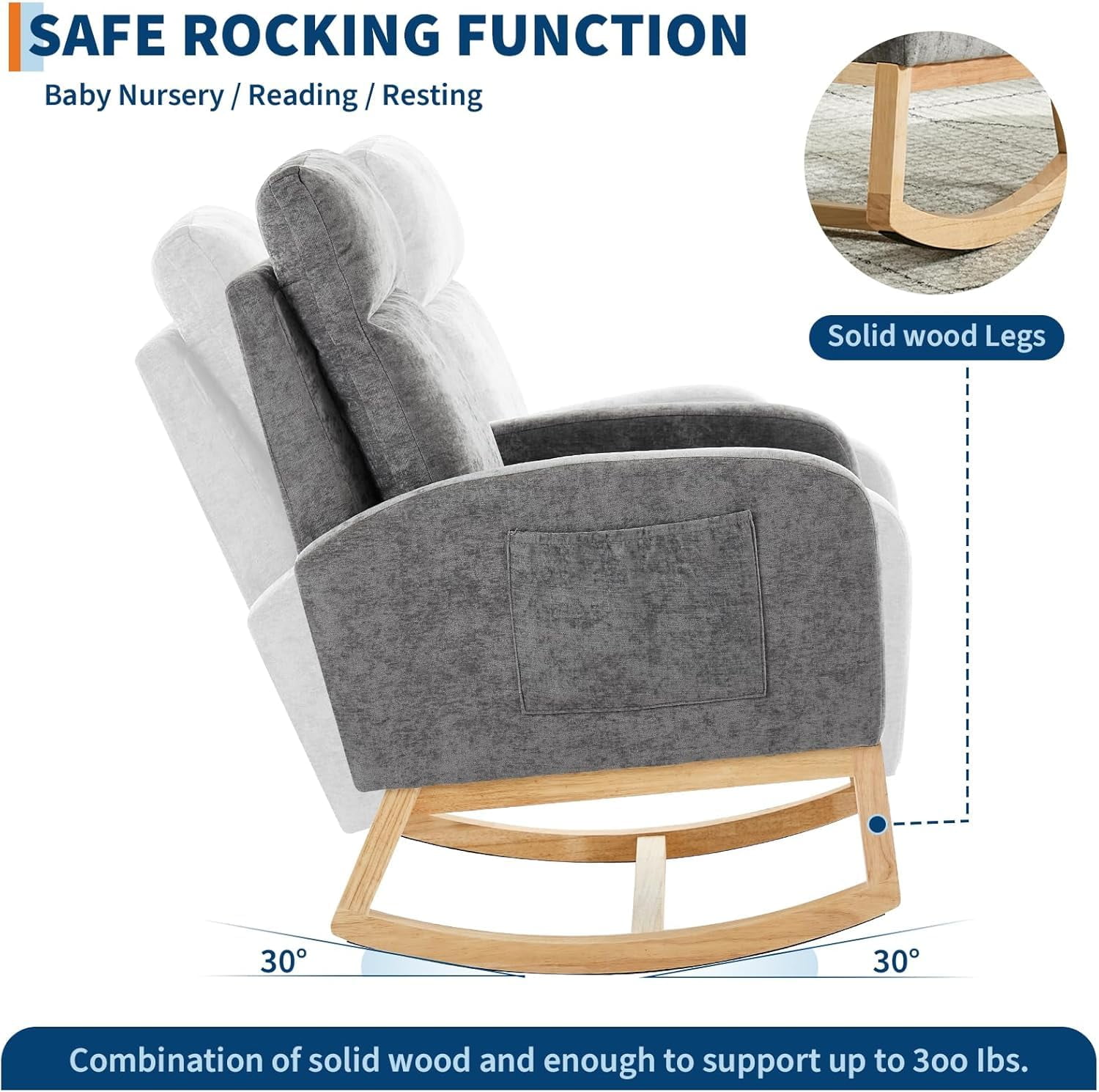 Nursery Glider Rocking Chair with Side Pocket - High Back Rocking Armchair with Rubber Wood Legs, Accent Chair for Living Room, Bedroom, Nursing Room, Nursery