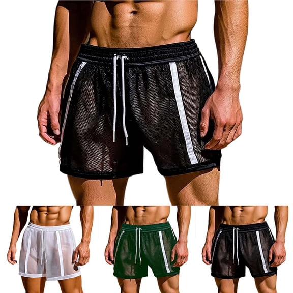 Hfnxid Men’s Workout Shorts Striped Elastic Waist Beach Trouser Lightweight Quick Dry Trouser Summer Drawstring See-Through Running Short Trousers Green M