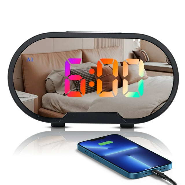 Mistaha RGB LED Color Screen Mirror Alarm Clock with 12/24H Switch, Dual Alarms, Snooze Function, Adjustable Brightness, Volume Control, Digital Clock, Multi-function Desktop Smart Electronic Alarm
