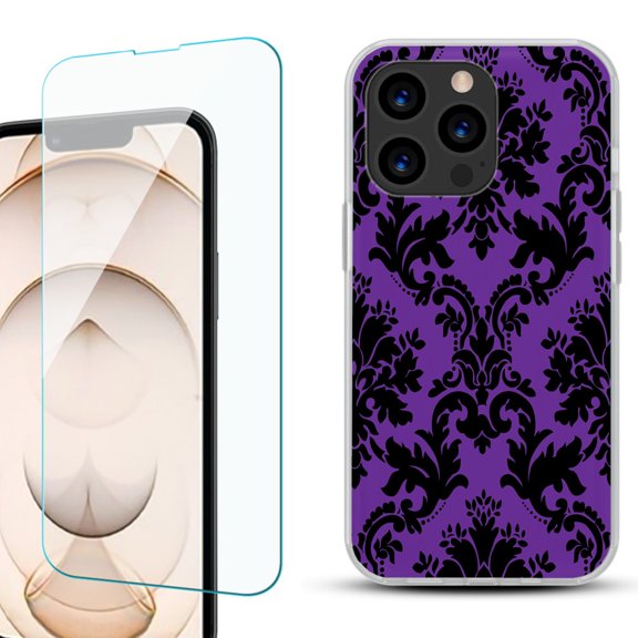 Slim-Fit Anti-Scratch Gel TPU Phone Case for iPhone 13 Pro, with Tempered Glass Screen Protector, by OneToughShield ® - Victorian Purple/Black