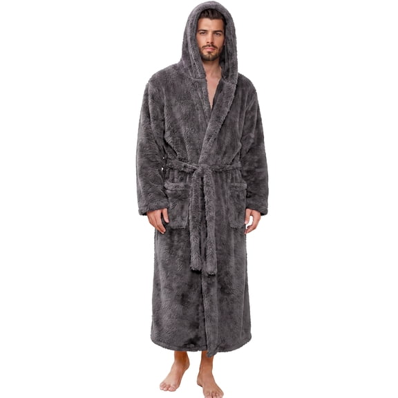 VULCANODON Mens Robe Big and Tall with Hood,Full Length Plush Robe for Men Long Fleece Bathrobe(Dark Grey, Large-X-Large )