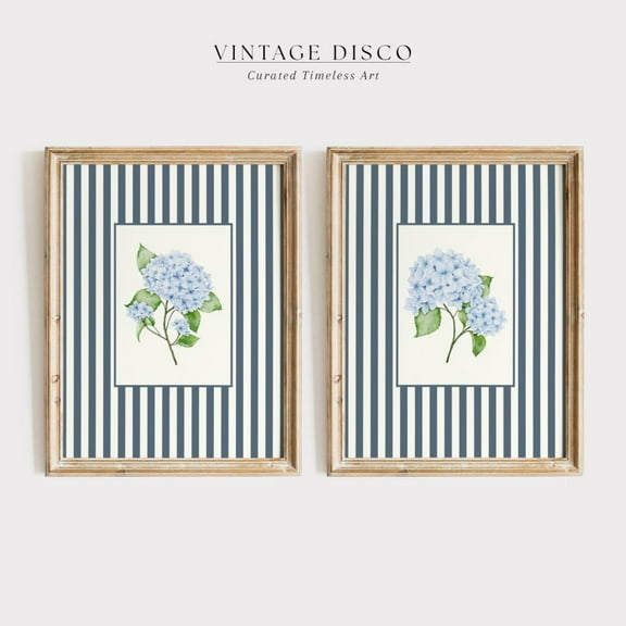 Luvia Nancy Meyers Navy Striped Hydrangea French Country Cottagecore Decor, Vintage Farmhouse Floral, Coastal Grandma, Modern Wall Decor Set 2 Prints 8x12 UNFRAMED