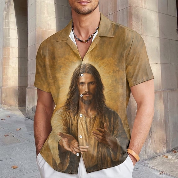 Christian Shirts for Men Fashion Crewneck Graphic Shor Lapel Fully Printed Breasted School Outfits for Teachers,Khaki,3XL