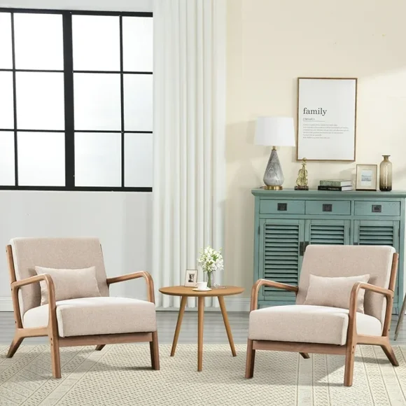 Bonzy Home Mid Century Modern Accent Chair with Wood Frame, Upholstered Living Room Chairs with Waist Cushion, Reading Armchair for Bedroom Sunroom (Beige)