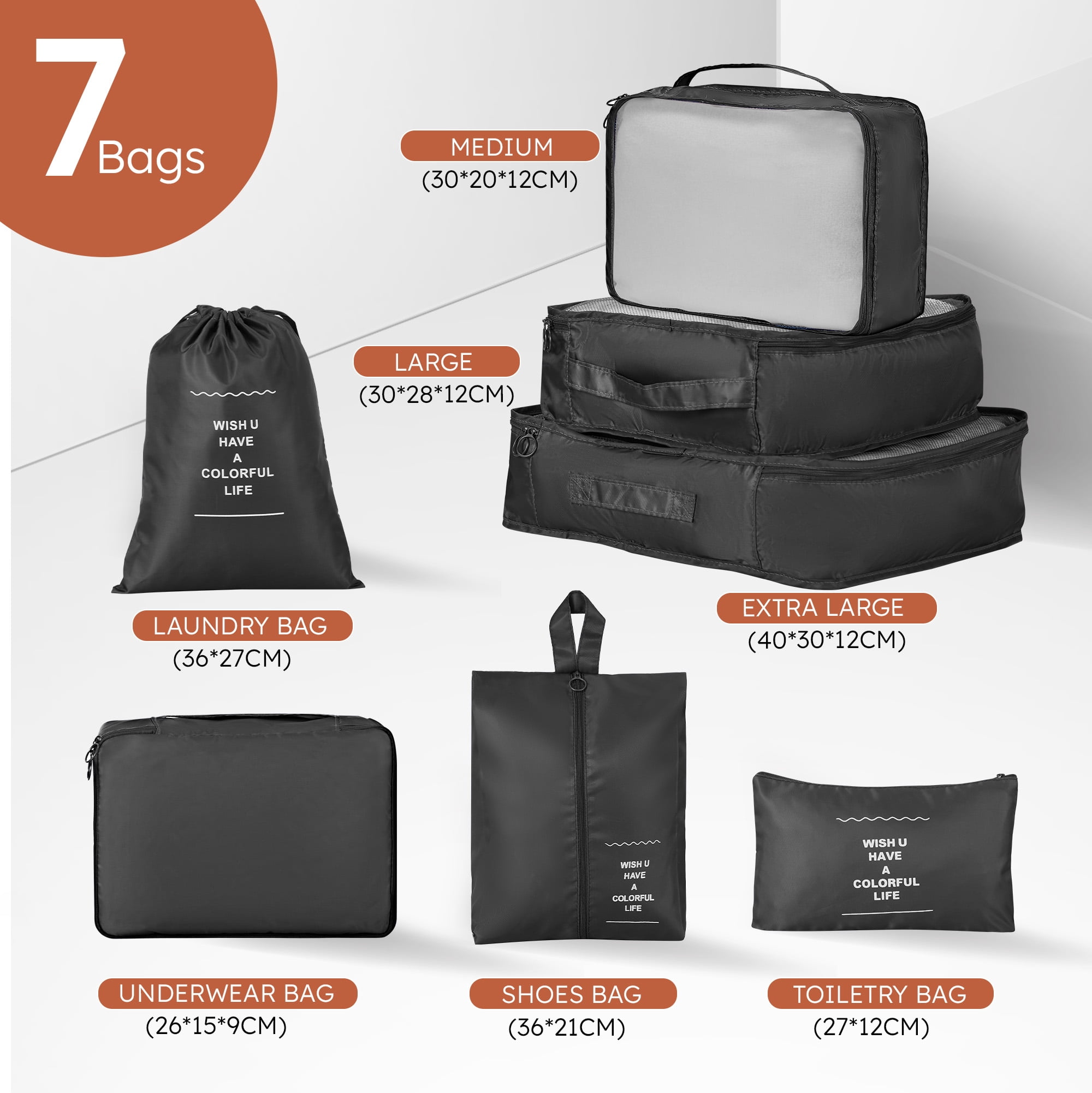 3 Piece Luggage Sets Travel Suitcase Set with 7PCS Organizer Bags, Black&Brown