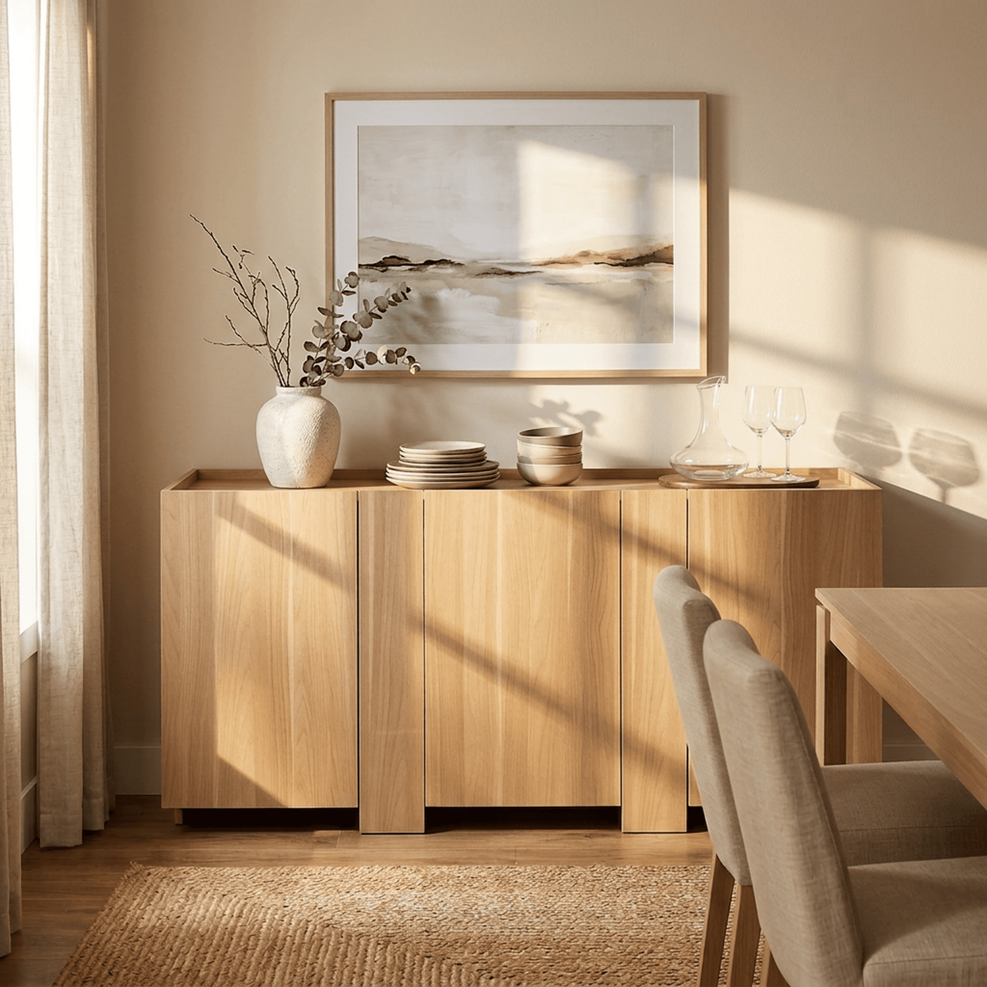 Euroco 65" Large Buffet Cabinet with Storage, Modern Sideboard Coffee Bar Cabinet with 3 Doors and Wooden Frame for Kitchen Living Room,Light Oak