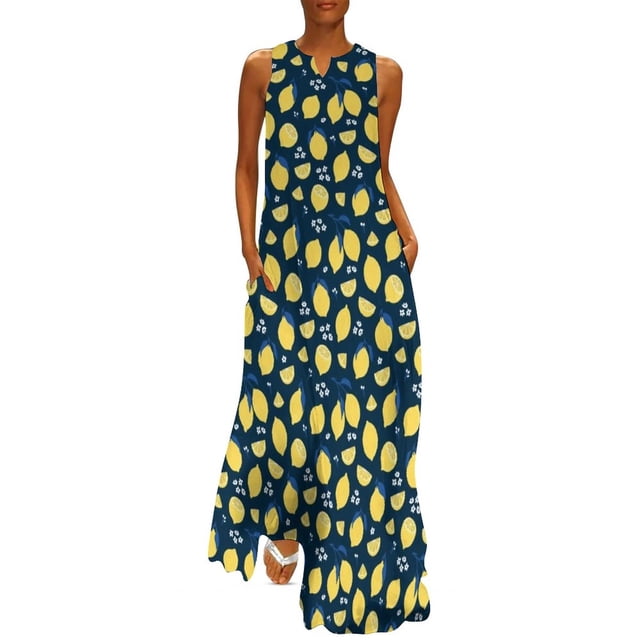 Robe Citron Aquarelle Été Rayures Bleues et Blanches Mode Coréenne Bohemia Longues Robes Design Moderne Maxi Grande Taille