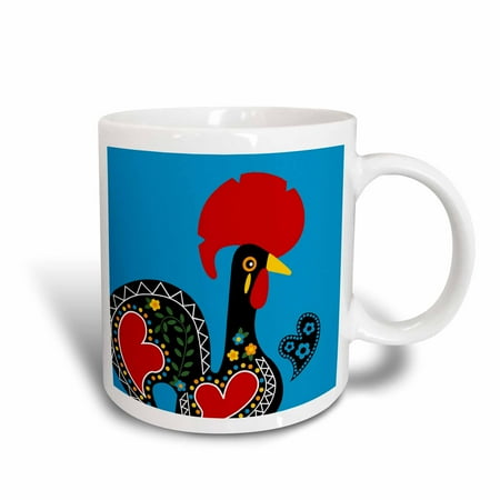Portugal Ceramic - 3dRose The black Portuguese Rooster on a blue background with a heart, Ceramic Mug, 11-ounce