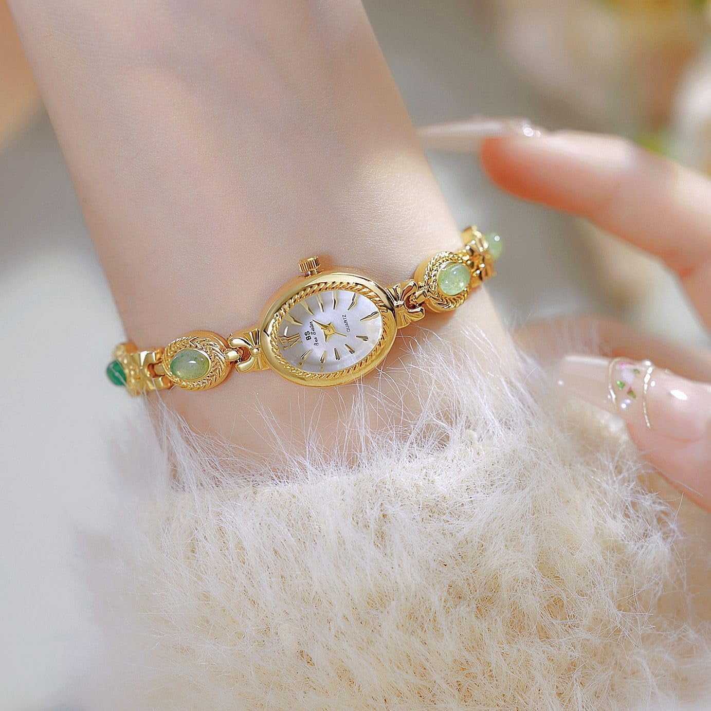 Gold Watches for Women with Small Vintage Bracelet Elegant Jade Oval Dial Dress Watch Fashion Quartz Wrist Watch Waterproof Watch