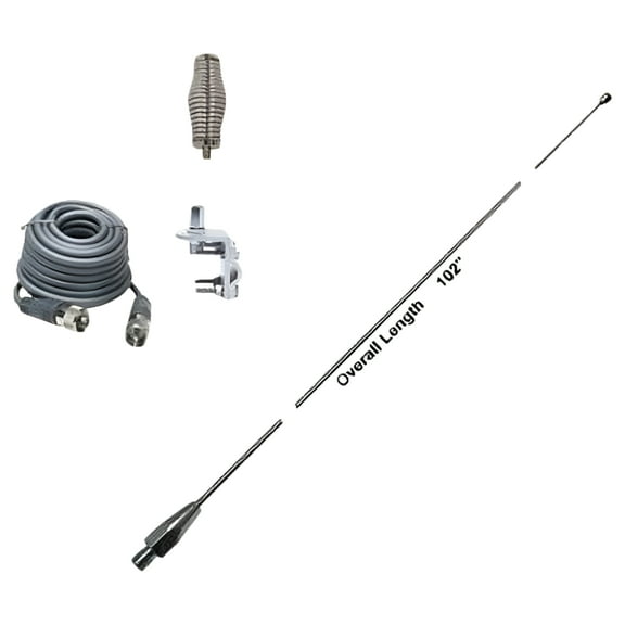 HUSTLER 102" WHIP CB Ham Antenna Stainless Steel,18ft RG8X COAX, SPRING & MOUNT