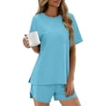 thumbnail image 5 of Two Piece Short Sets for Women Casual Summer Pajama Set Short Sleeve Crew Neck Lounge Matching Set, 5 of 6