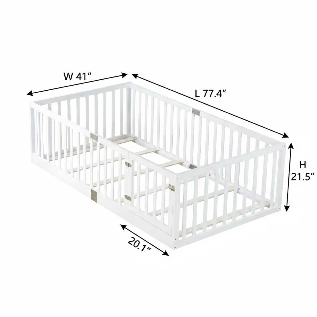 UHOMEPRO Twin Floor Bed with High Fence & Door, Montessori Floor Bed with 21.5" Safety Guardrails, Solid Wood Twin Beds Frame for Kids Girls, Boys, with Slats, White