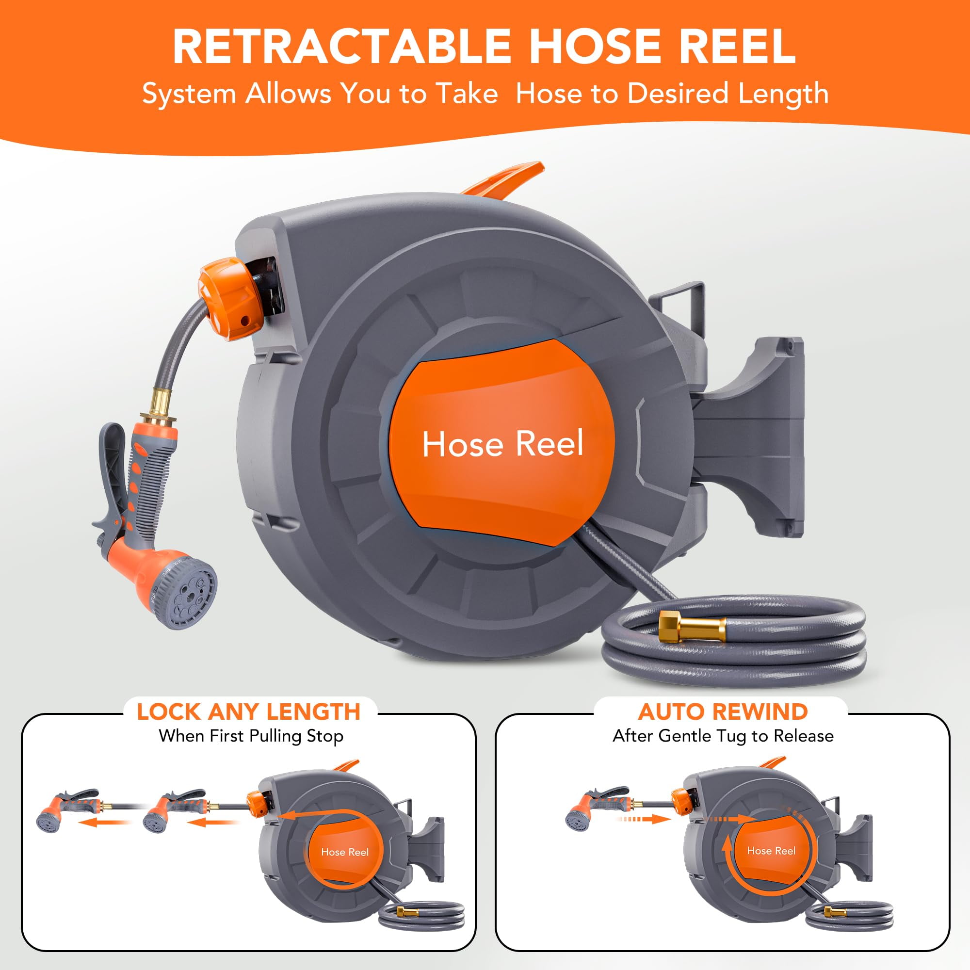 Retractable Garden Hose Reel,1/2 in x 72/100 ft,9 Function Sprayer Nozzle, Any Length Lock, Automatic Rewind and Slow Return System,180° Swivel Bracket Wall-Mounted