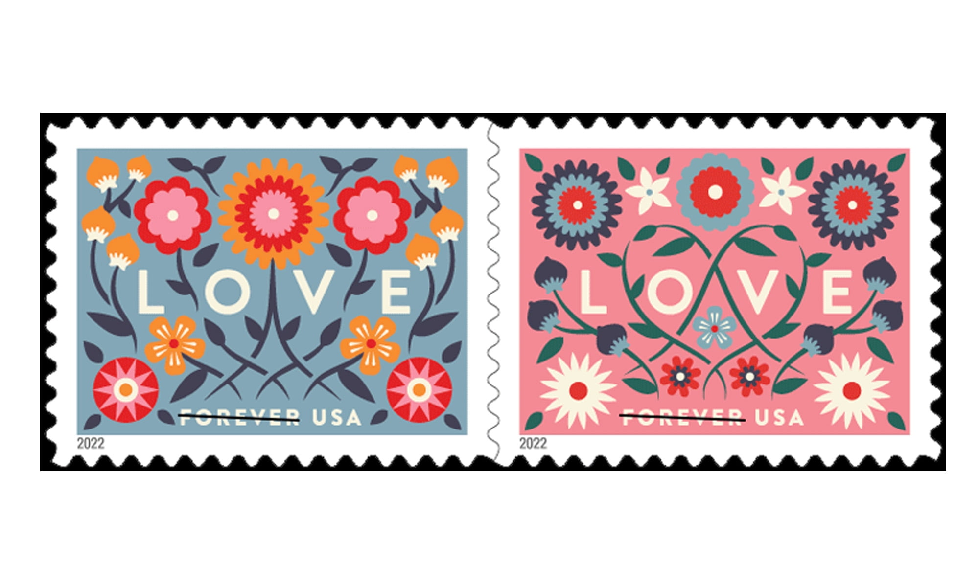 US 5660-61 LOVE 2022 FOREVER STAMPS (PANE SINGLES ATTACHED) BLUE & PINK)  MNH