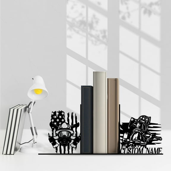 Craftnamesign Custom Fireman Metal Bookends for Shelves, Firefighter Metal Table Bookshelf Decor