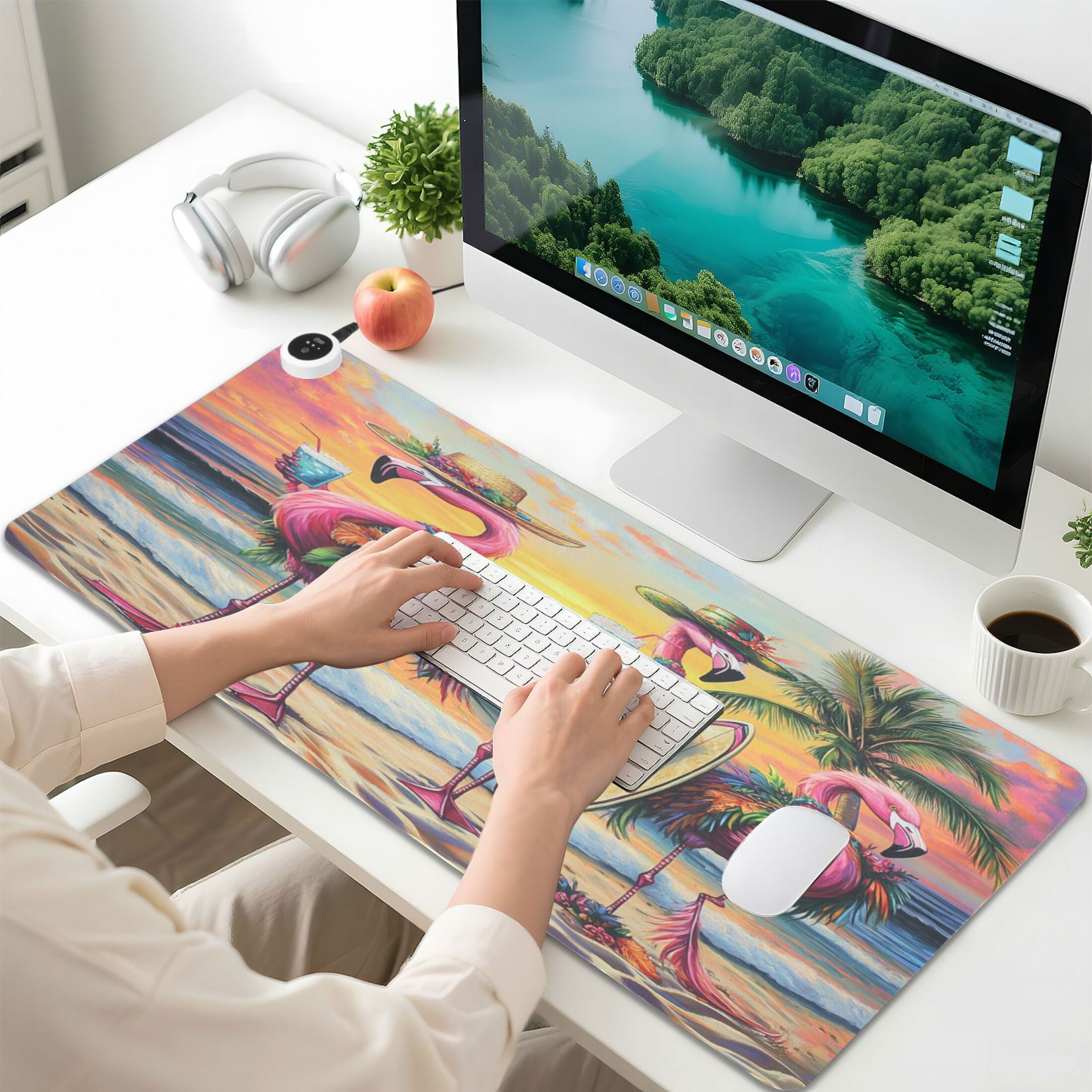 Wobogo Summer Flamingo Heated Mouse Pad Extra-Large Desk Mat With 3 Heating Levels and 3-hour Auto Shut-Off Protection Ideal for Computer Keyboards Home Office Hand-warming Essential 31.5in × 13in