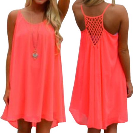 Women Sexy Chiffon Short Mini Dresses Loose Blouse Strappy Summer Beach Sundress Casual Plus