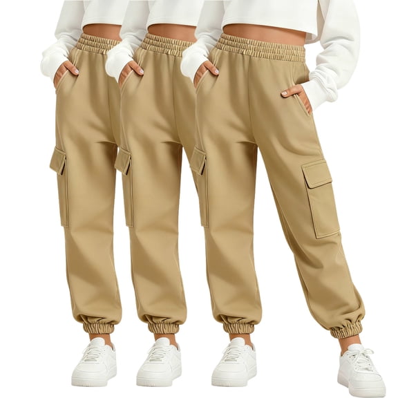 3 Pack Pants for Girls Casual Elastic Waist Cotton Cuffed Sweatpants Girls Joggers with Pockets Size 4-14