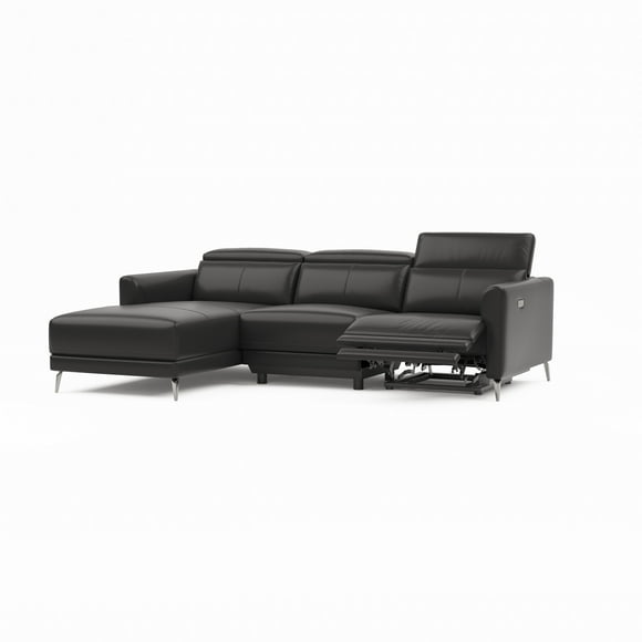 Valencia Andria Modern Left Hand Facing Top Grain Leather Reclining Sectional Sofa 99.5" | Ultra Smooth Luxury Leather, Electric Power Recliner, Stainless Steel Legs Black