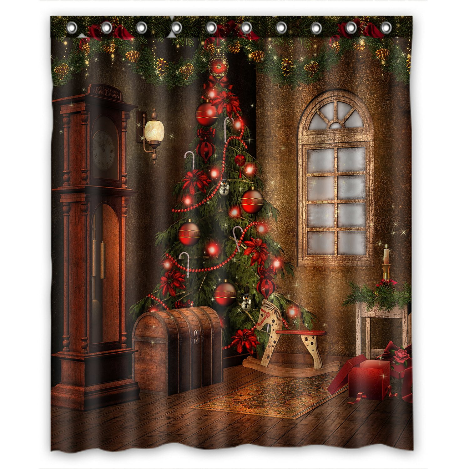 PHFZK Winter Holiday Shower Curtain, Merry Christmas Tree Vintage Style