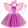 thumbnail image 3 of Vestido de hada con tutú brillante para niñas, disfraz con alas, vestido de princesa de hada con flores de tul rosa y morado, vestido de fiesta de cumpleaños para niños, 3 of 5