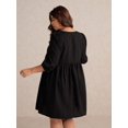 thumbnail image 2 of Plus Size Black Embroidered V-Neck A-Line Mini Dress With 3/4 Sleeves, 2 of 7
