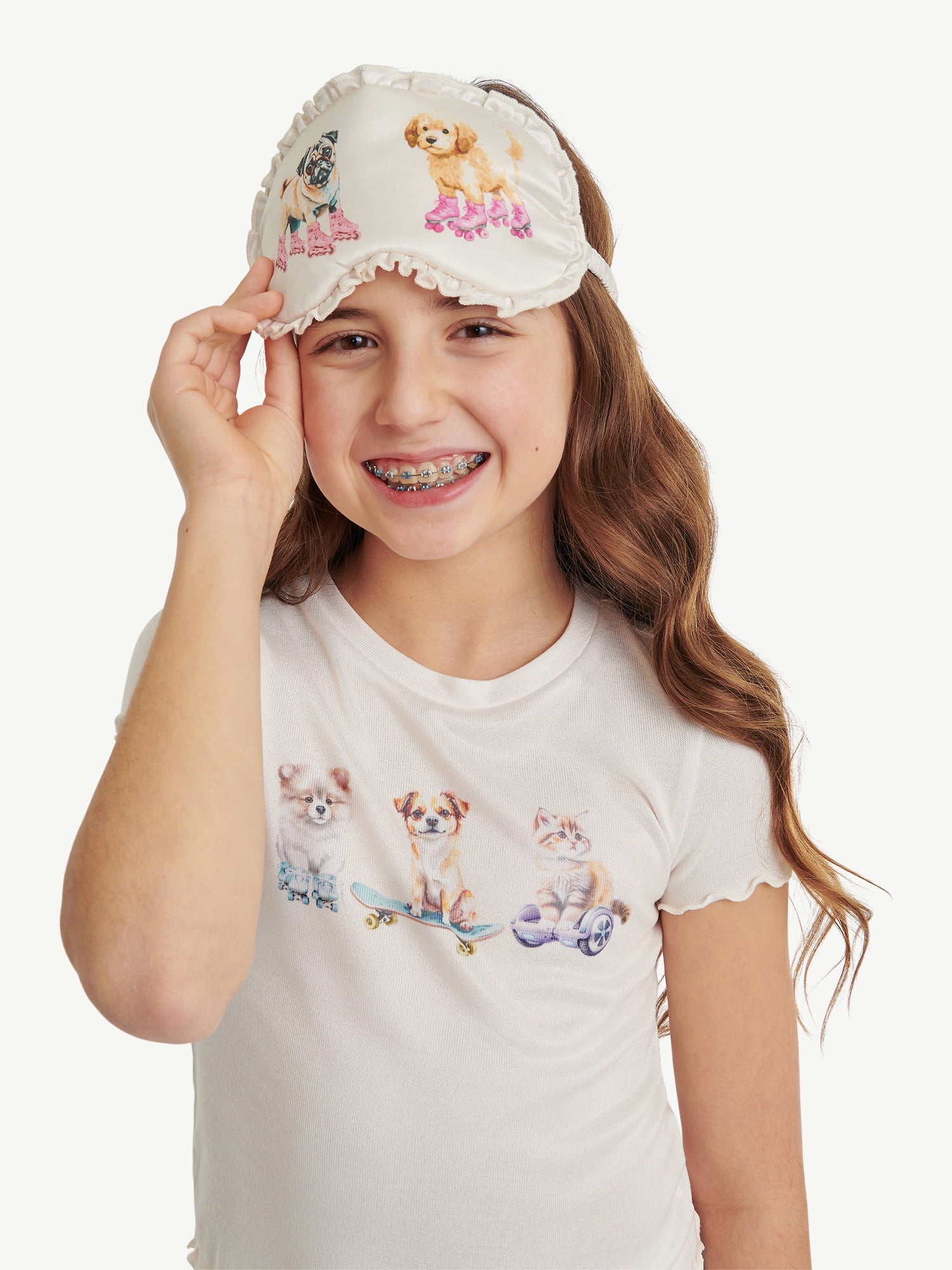 Justice Girls Short Sleeve Tee, Pants and Eye Mask Pajama Set, 3-Piece, Sizes 5-18