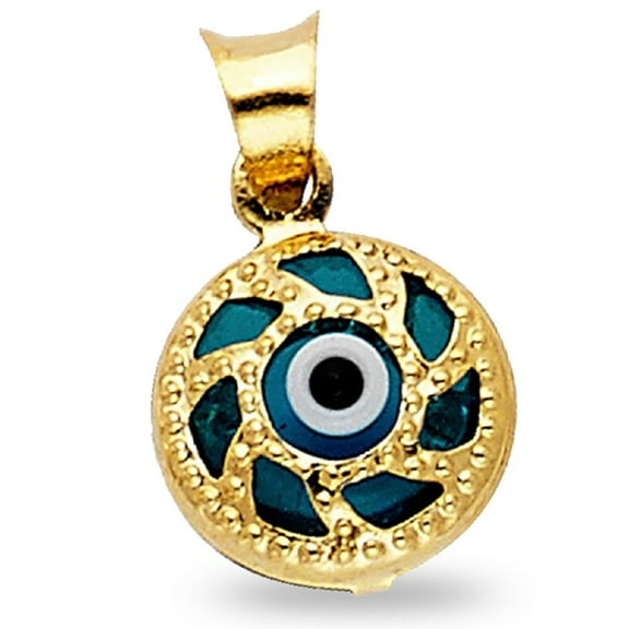 Solid 14k Yellow Gold Evil Eye Charm Greek Good Luck Pendant Design Polished Small Fancy 9 x 9 mm