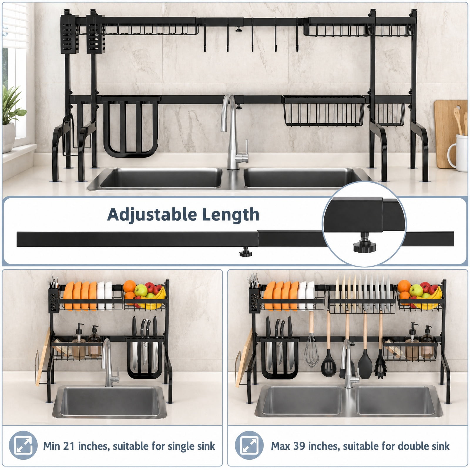 RUIE 2-Tier Over Sink Dish Drying Rack, Adjustable Dish Rack with 4 Baskets, Utensil Holder, Cutting Board Holder and 8 Hooks - Black