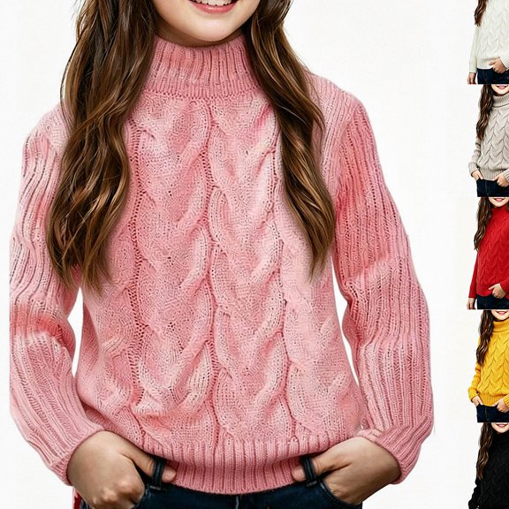 Afuyipoi Girls Cable Knit Mock Neck Pullover Sweater for Kids Size 1-10Y Fall Winter Everyday Wear Pink Size 2T