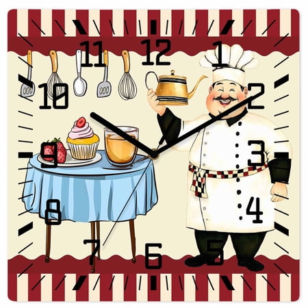 Wall Clock Funny Chef Kitchen Dessert Operated Square Clocks Wooden Silent Non-Ticking Wallclock 10 Inch Red Stripes Wood Wall Clock for Living Room Bedroom Office Shool Home Decor