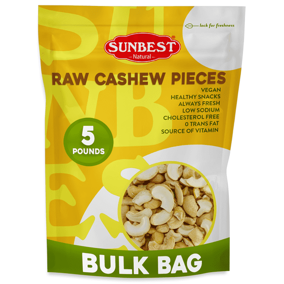Raw Large Cashew Pieces – 5 Pound Bulk Bag by Sunbest Natural - Unroasted & Unsalted for Cooking