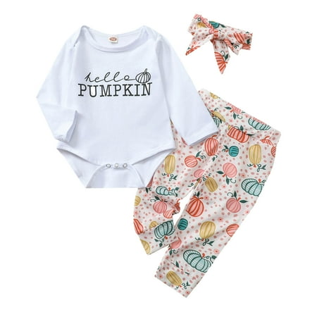 

ZHUASHUM Toddler Kids Boys Girls Outfit Pumpkin Letters Prints Long Sleeves Romper Pants Hairband 3pcs Set Outfits