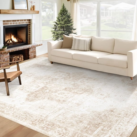 Washable Vintage Boho Medallion Area Rug Non-Slip Soft Low Pile 6 Feet by 9 Feet Rectangular Beige