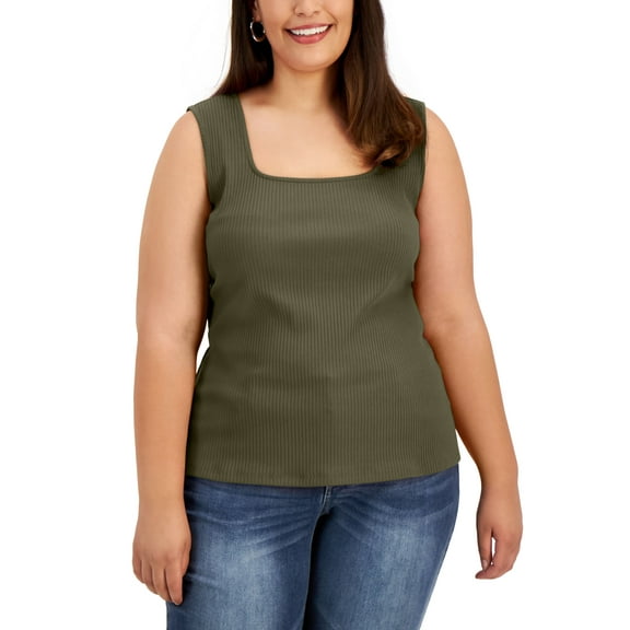 INC International Concepts Plus Size Square Neck Ribbed Tank Burnt Olive 3X