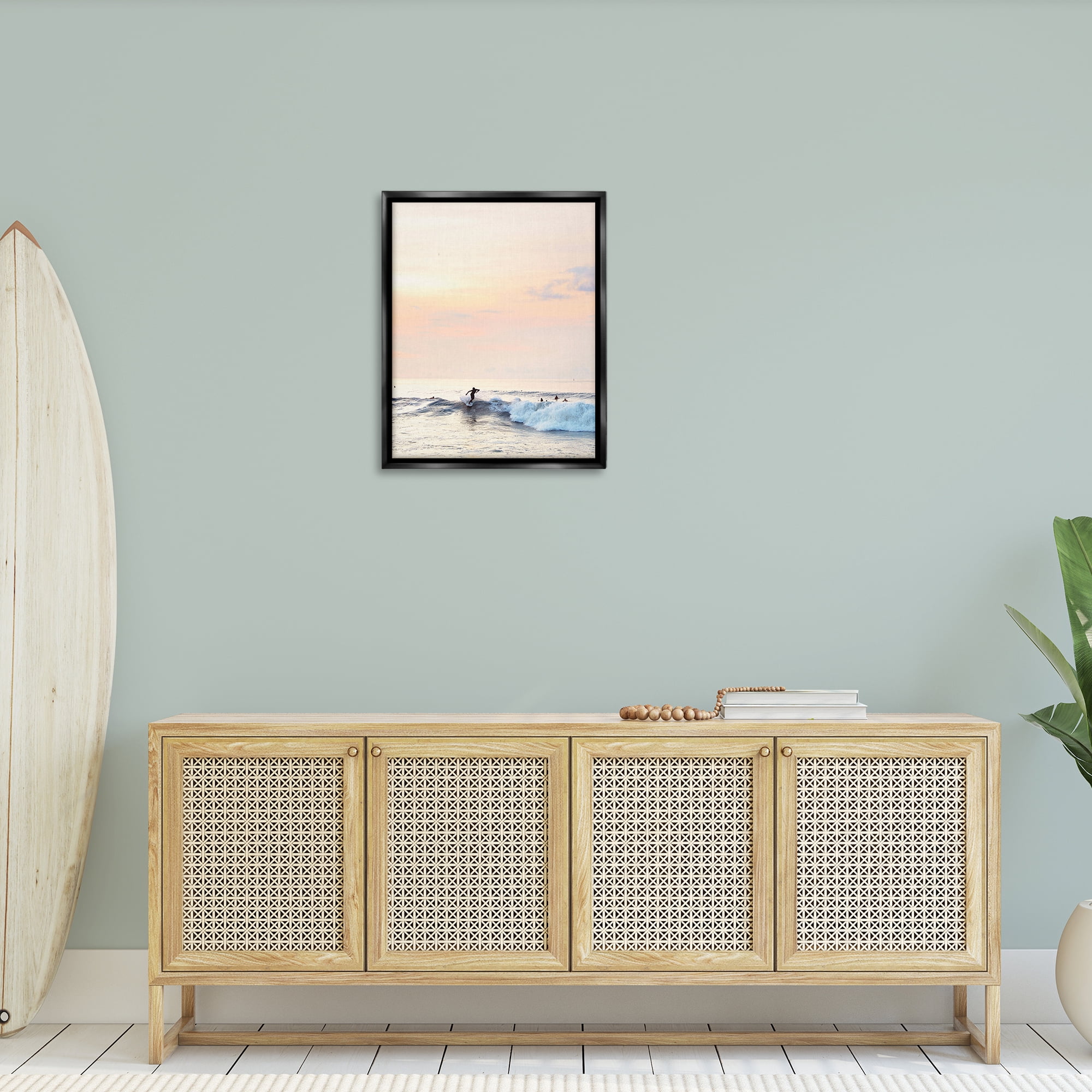 Stupell Industries Sunset Surfer Landscape Coastal Photography Black Floater Framed Canvas Art Print Wall Art, 25 x 31